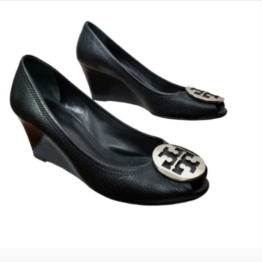 Tory Burch Women’s Sally 2 Wedge Open Toes Black Leather Silver Logo Sz 9M